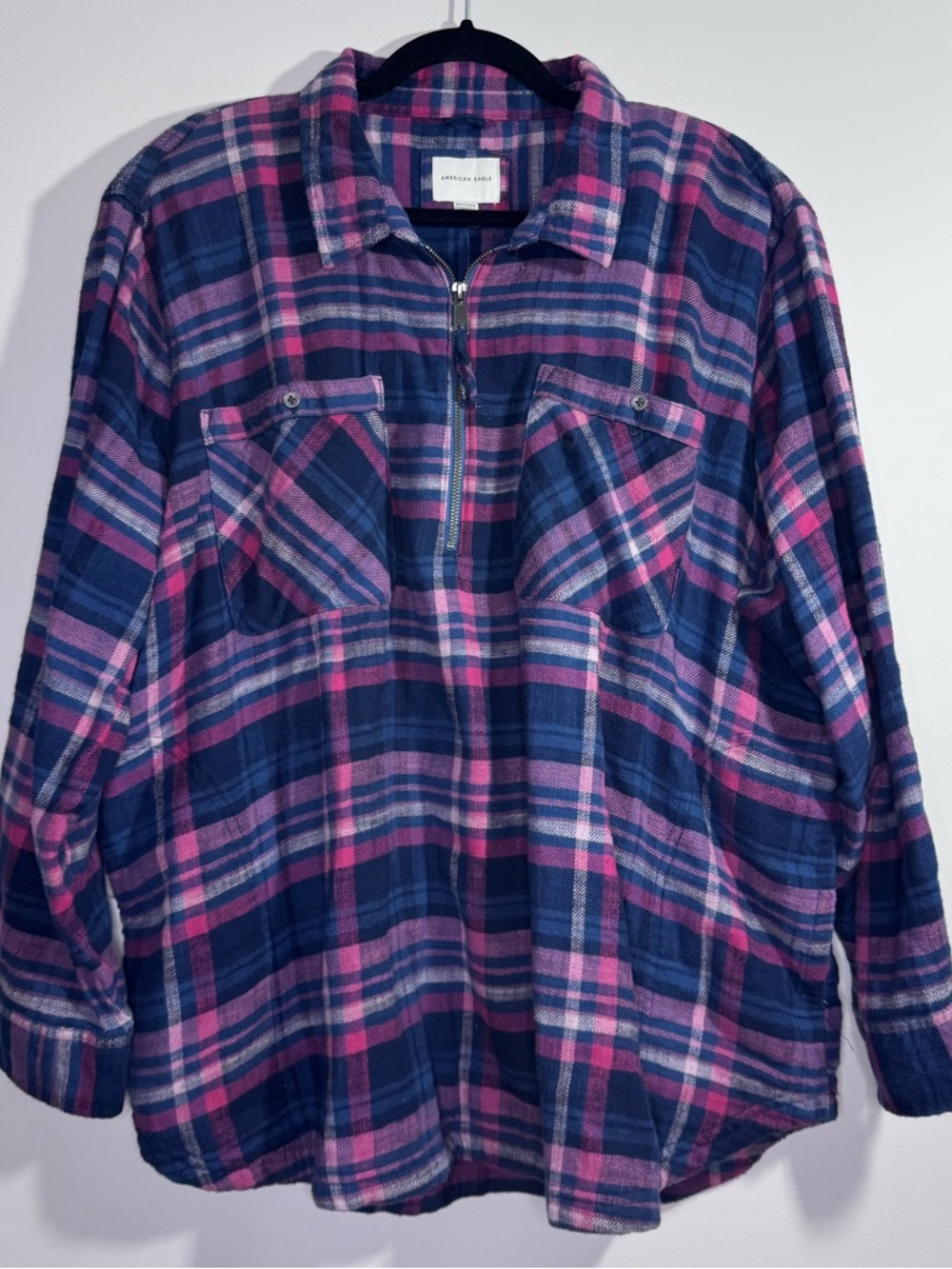 American Eagle Plaid Flannel Top Pink Blue Zip Front XXL NWT